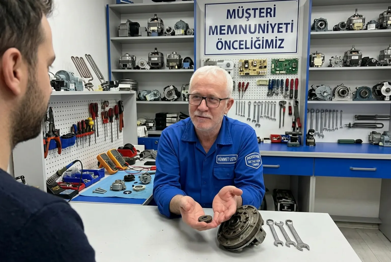 Tuna Servis ustası müşteriye değişen beyaz eşya parçasını gösteriyor