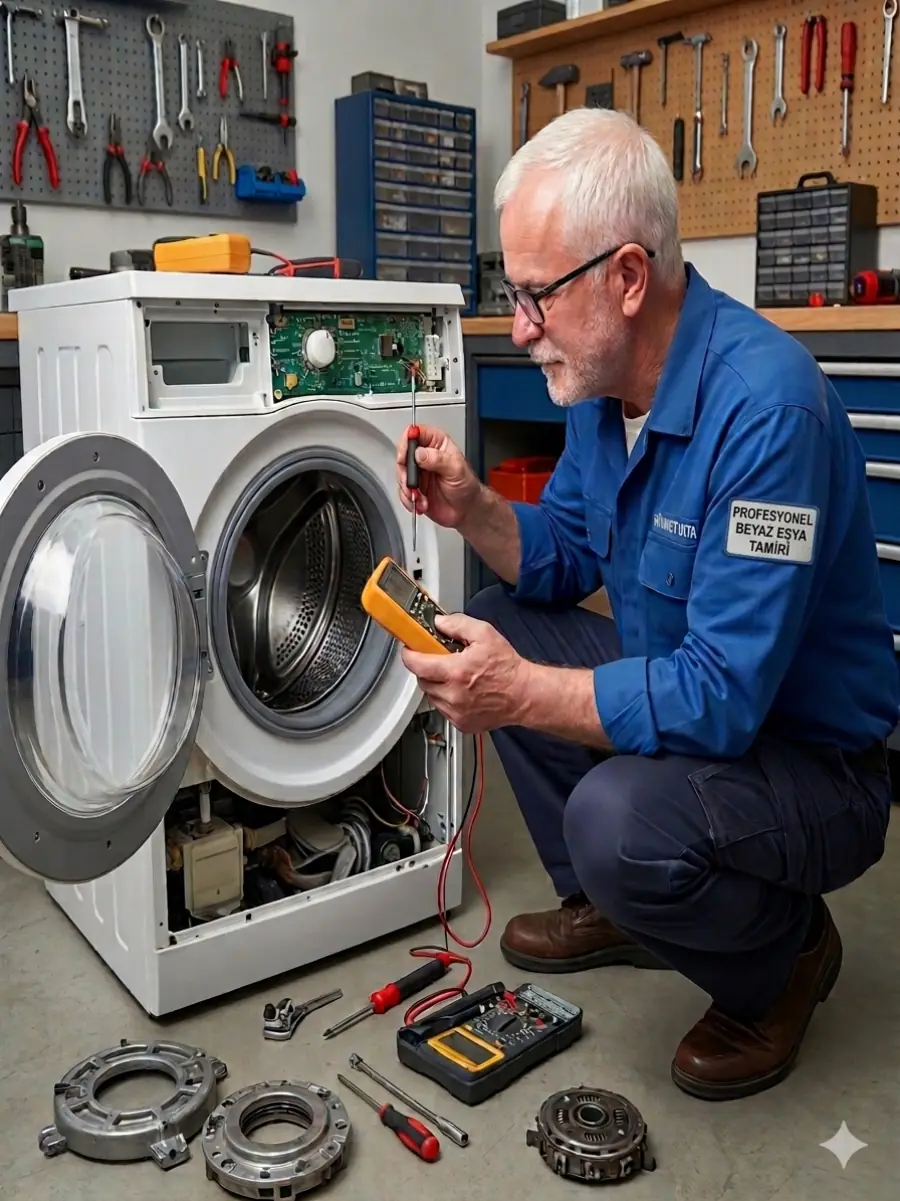 Tuna Servis ustası çamaşır makinesi elektronik kart arızasını ölçüm cihazıyla kontrol ediyor